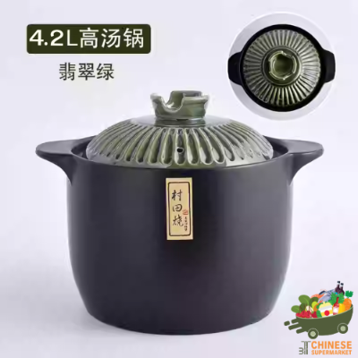 绿条纹烧耐高温沙锅4.2L (หม้อตุ๋นเซรามิค สีดำฝาเขียว)